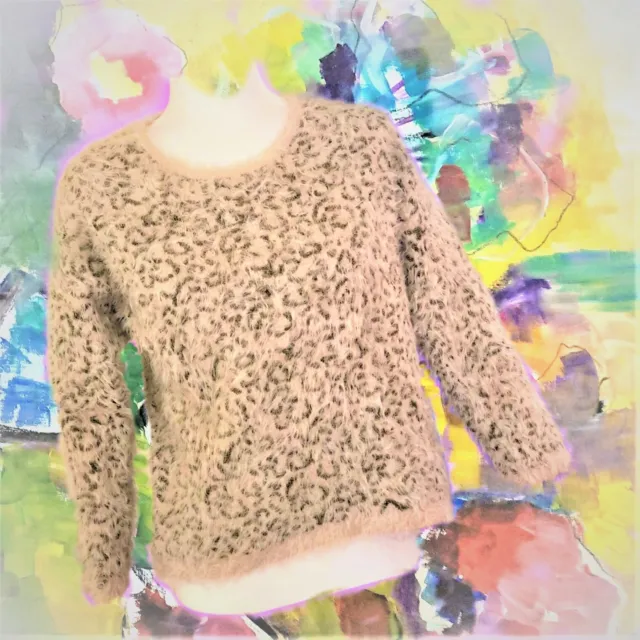 ZARA Knitwear Animal Print Eyelash Knit Beige Fuzzy Sweater Girl Size 16