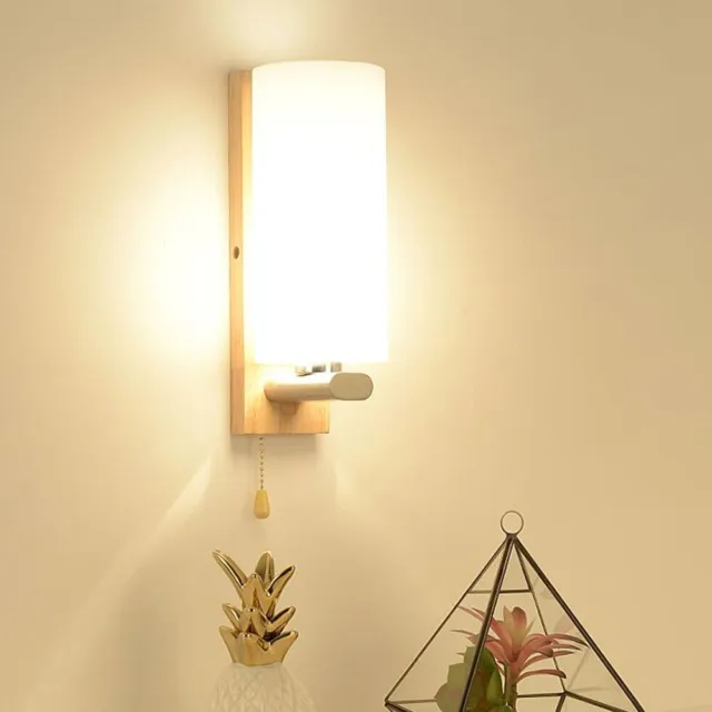 White Modern Wall Light Sconce Glass Shade Bedside Hallway Lamp With Pull Switch