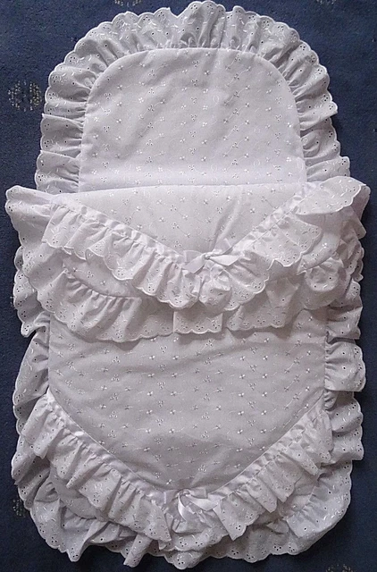 Baby Pram Quilt Pillow Case Set Broderie Anglaise White Pink Blue Frill UK Made