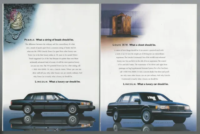 1990 LINCOLN TOWN CAR advertisements x2, large sedan, Ford print ad
