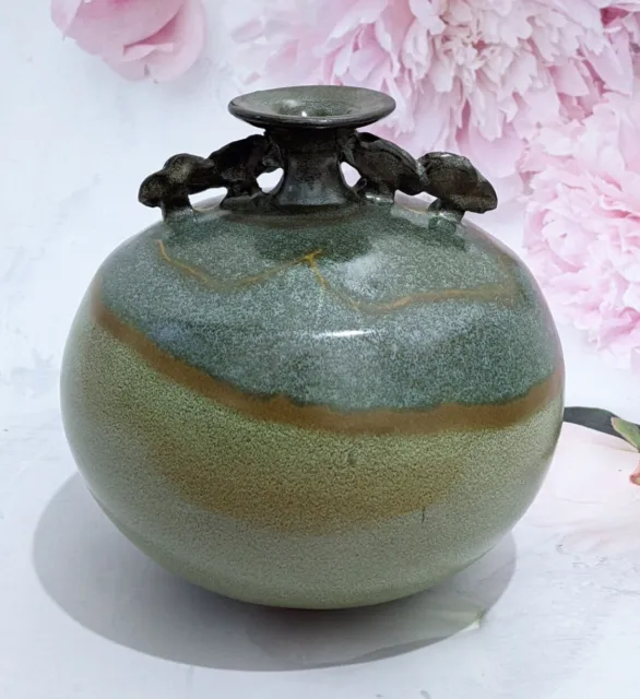 Rare Studio Pottery Green Vase Pot Signed Unknown Artist