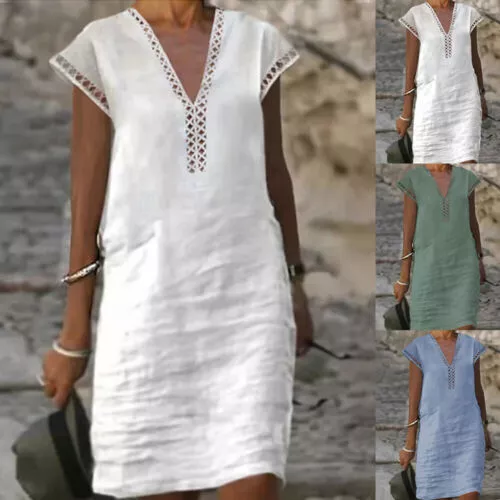 Womens V Neck Cotton Linen Midi Dress Ladies Summer Casual Short Sleeve Sundress