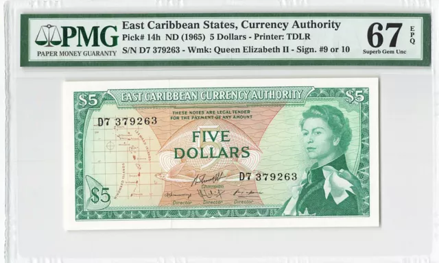 East Caribbean States 5 Dollars 1965 P-14h PMG 67 EPQ