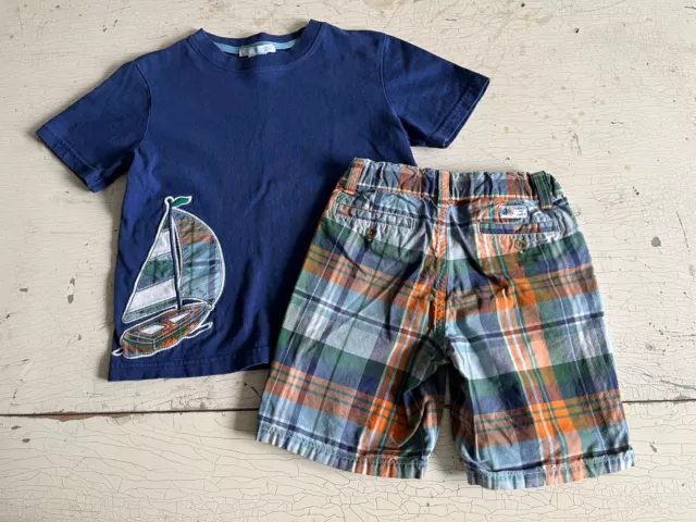 Boy's JANIE & JACK Size 3-4 Sailboat Theme T-Shirt + Plaid Shorts Set