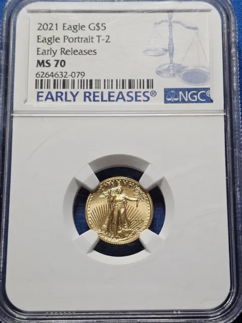 2021 Type 2 MS70 1/10 oz Gold American Eagle $5 Early Release NGC