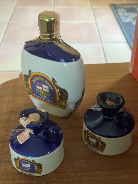 VTG British Navy Pusser's Rum Hand Cast Porcelain Hip Flask &2 Mini Match Jugs