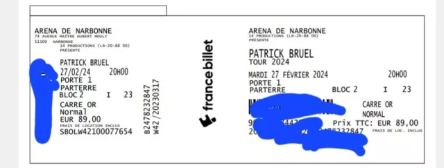 Vends place concert patrick bruel CARRE OR Arena Narbonne 20h le 27 février 2024