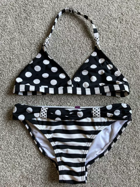 Girls 2 Pc. Bikini Swimsuit by OP Size 10/12 Black white Striped Polka Dot
