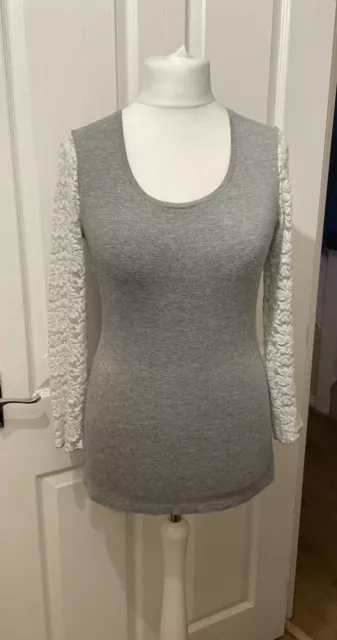 Mint Velvet hygge Super Soft jersey & lace Lounging Tunic top Grey Cream Size 12