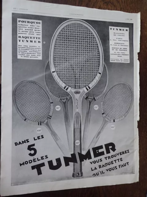 TUNMER raquette + N° 9 parfum de CADOLLE publicité papier ILLUSTRATION 1929