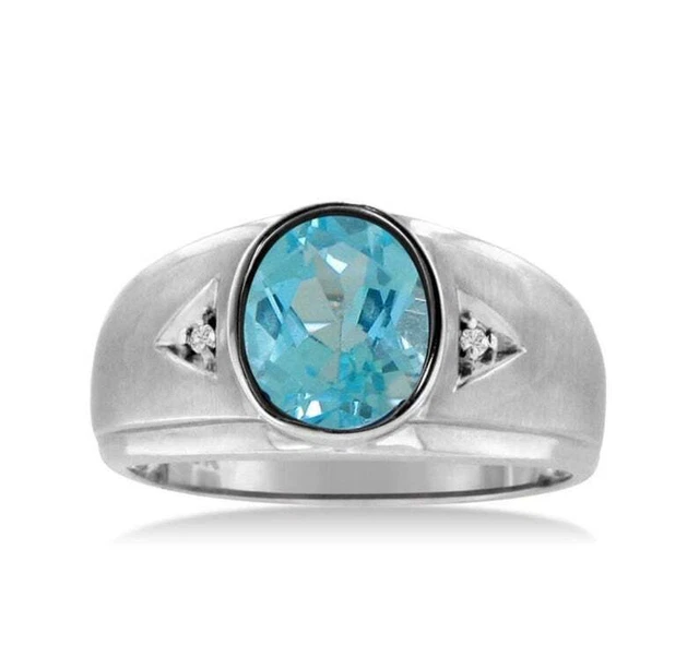Bague pour homme en argent sterling massif 925 avec topaze bleue, zircon,...