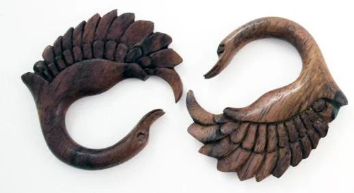 Organic Handmade Carved Sono Wood Flying Swan Hanging Ear Plugs Gauges New USA