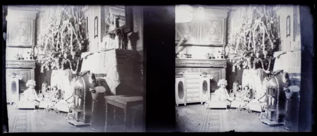 Maison intérieur Arbre de Noël c1930 Photo NEGATIVE Plaque Stereo Vintage 
