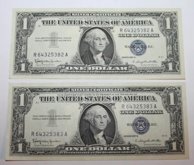 X Set of 2 Consecutively Serial Numbered 1957 B $1 Blue Seal Silver Cert Notes
