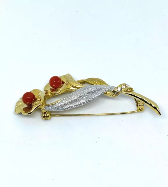 Beautiful Vtg Red Carnelian Beads Stones Gold Tone Flowers Pin Brooch #111