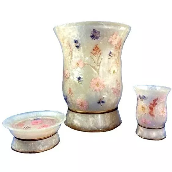 India Ink Lucite Bathroom Set Pearl Dried Flowers Waste Basket Soap Dish Tumbler