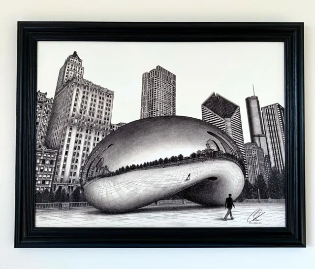 28 x 22 in. Chicago Bean (Cloud Gate) drawing (print) with black frame.