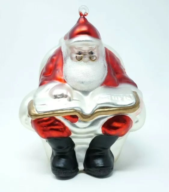 Vintage Dept 56 Mercury Glass Santa Ornament 8 inch Sitting w List Handblown