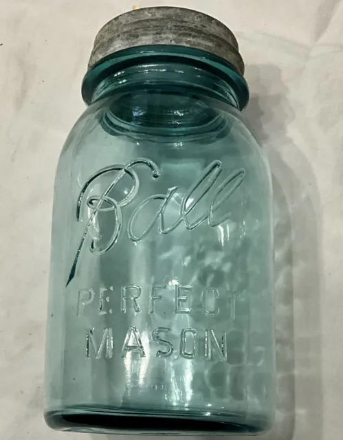 Vintage BALL Perfect Mason LUCKY 13 Aqua Blue Quart Jar With Zinc Lid