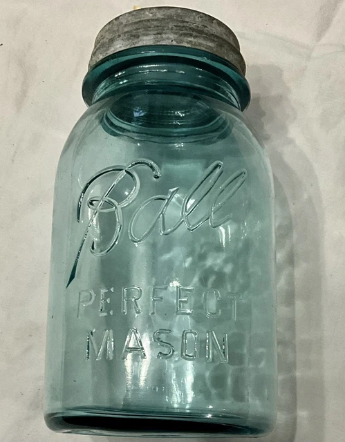 Vintage BALL Perfect Mason LUCKY 13 Aqua Blue Quart Jar With Zinc Lid