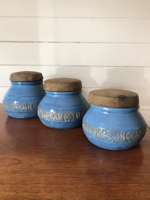 Three Vintage John Kemety Australian Pottery Graduated Canisters Wooden Lids
