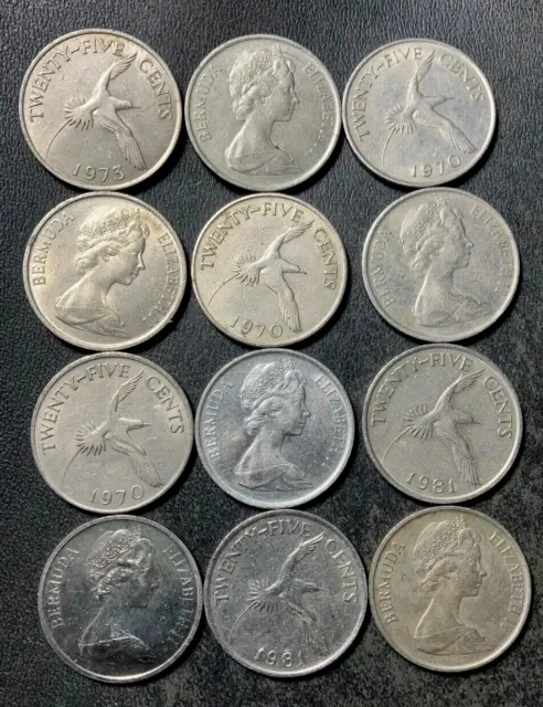 Old Bermuda Coin Lot - 25 CENTS - 1970-1981 - 12 OLDER Series Coins - Lot #N24