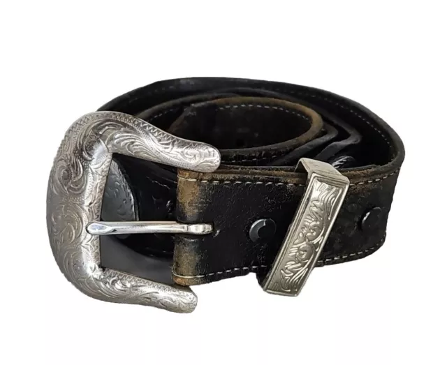 Vintage 1994 Hand Tooled Genuine Leather Western Style Belt & Buckle Size Large