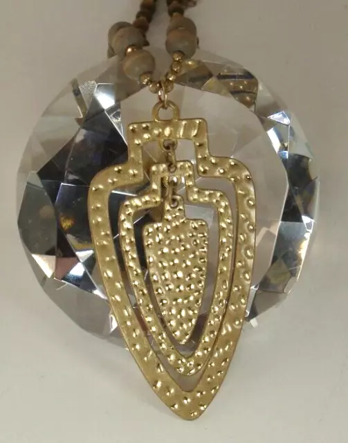 Gold Tone Hammered Arrowhead Pendant Wooden Beaded Necklace Brown 28"