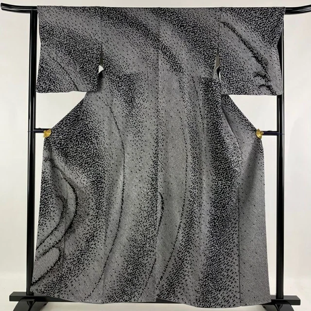 Woman Japanese Kimono Houmongi Silk Geometric Shibori Sagara Embroidery Black