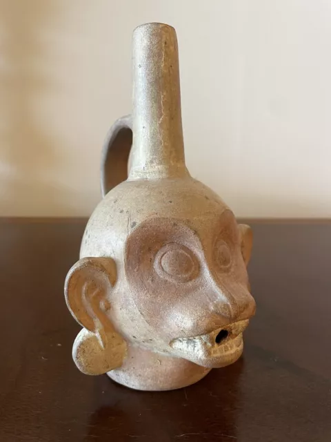 Pre Columbian Moche  Peruvian Ceramic  Stirrup Handle Monkey Vessel