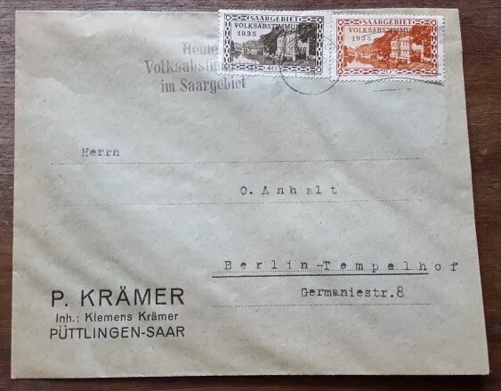 Deutschland SAARGEBIET 1935 Cover Rüttlingen Saar Sent to Berlin Top