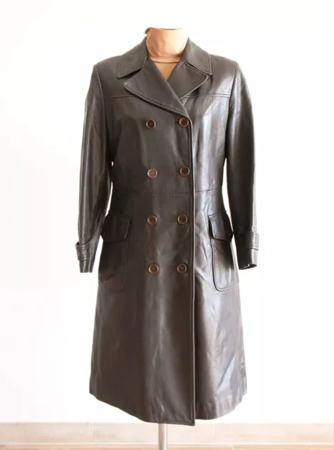 CARACTERE Leather Trench Cappotto Vera Pelle Doppiopetto Marrone Scuro Size IT42