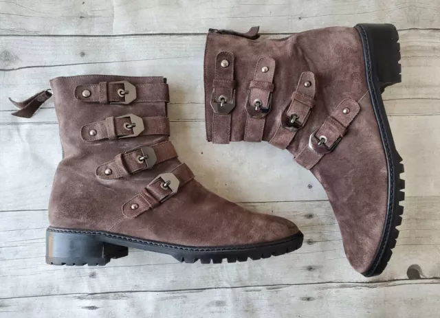 STUART WEITZMAN JITTERBUG Suede Ankle Boots Buckles Zip Gray Brown