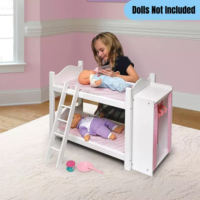 18-inch Doll Bunk Bed w/ Storage Closet Armoire Wooden Toy Furniture White/Pink