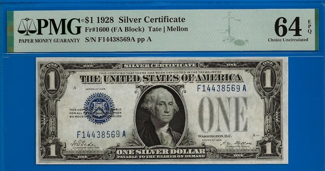 FR-1600 ✅ 1928 $1 S/C (( Blue Seal 🔴 FA Block )) PMG 64EPQ # F14438569A