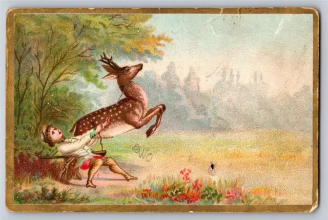 Boy Pulls on Leash Leaping Tethered Deer Blank Victorian Trade Card