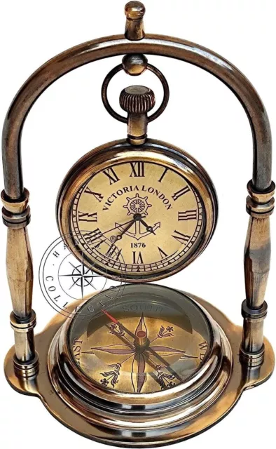 Maritime Compass Base Nautical Table Clock Antique Brass Hanging Desk Clock