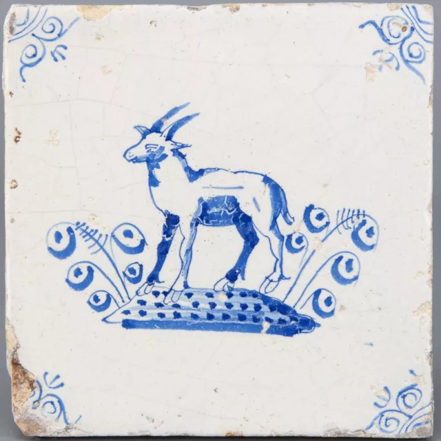 Nice Dutch Delft Blue animal tile, goat, mid 17th. century.