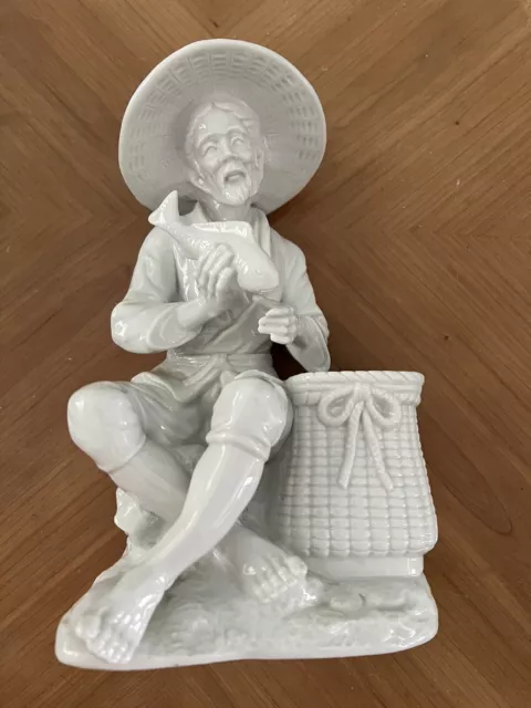 Vintage Porcelain Japanese Fisherman White Detailed Figurine Plant Holder