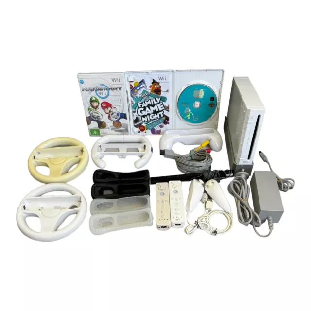 Nintendo Wii Console Mario Kart Bundle Controllers Nunchucks, Black & Clear Case