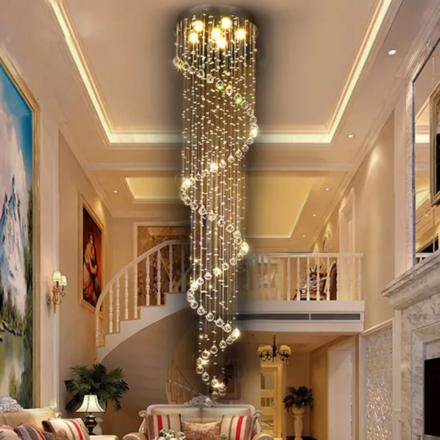 Modern Luxury K9 Crystal Chandelier Pendant Lamp Spiral Rain Drop Ceiling Light