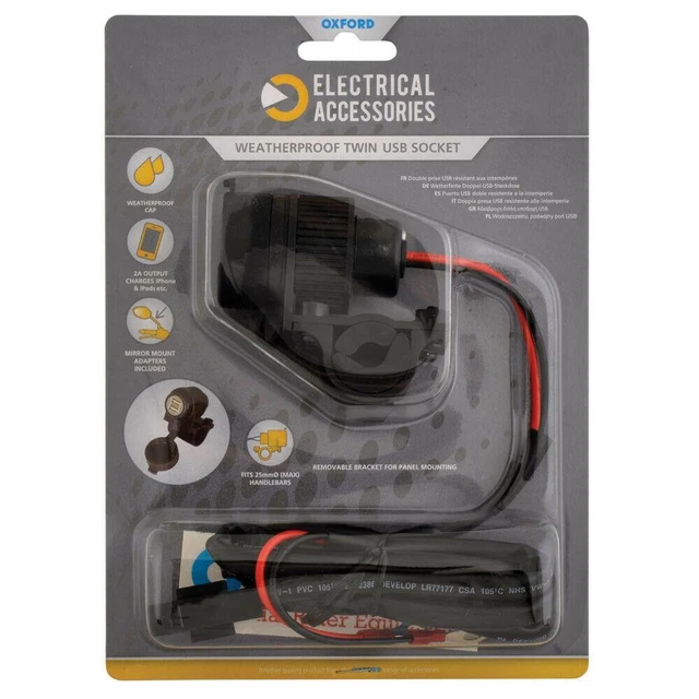 Oxford Weatherproof Dual USB socket (5V 2Amp) & 10amp fused 1.2mtr loom EL102