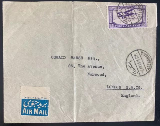 1929 Alexandria Egypt Early Airmail Cover to London England