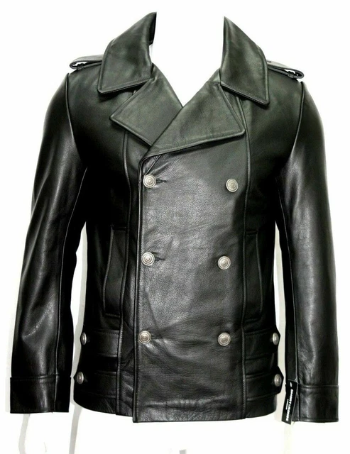 Uomo pelle di Pecora 100% Giacca Blazer Tre Bottoni Doppio Petto Nero Cappotto