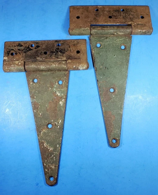 Antique T Strap Barn Door Hinges 12 1/4" Long x  7 1/8" Barrel Worn Green Paint