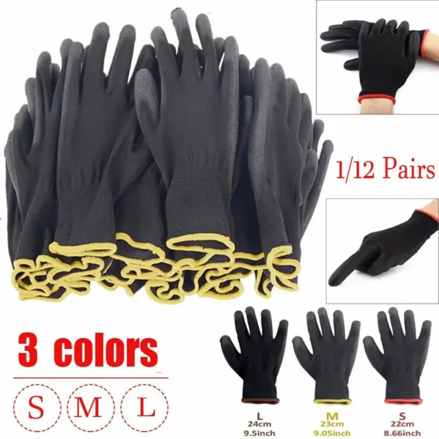 12Pairs PU Nitrile Coated Work Gloves Safety Grip Non-slip Builder Garden S/M/L