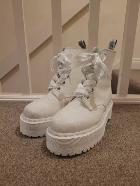 DR MARTENS WHITE Glitter Molly Platform Boots Size 5 90.00