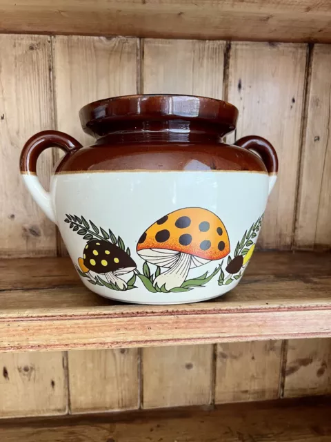 Vintage 70s Mccoy Brown Merry Mushroom Ceramic Crock Bean Pot with Handles