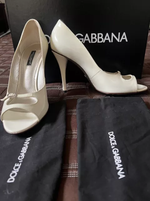 Dolce & Gabbana white Patent Leather Peep Toe 4” Heels shoes EU 38.5 M