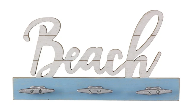 Beach Cut Out With Triple Wall Hooks Wood and Cast Iron 15.75 Inches